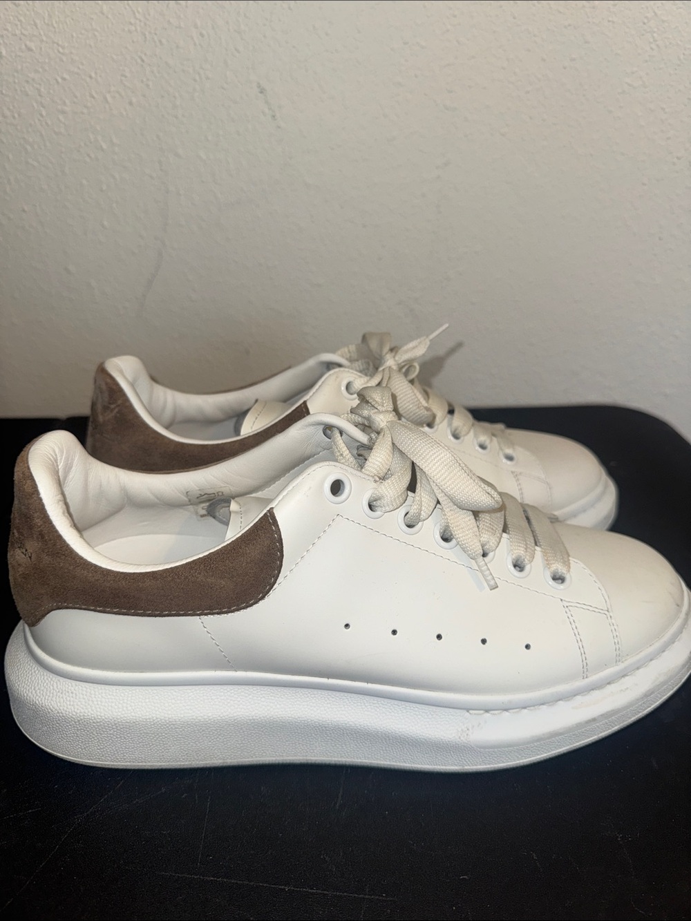 Alexander McQueen White Leather Sneakers with Brown Suede Heel Tab